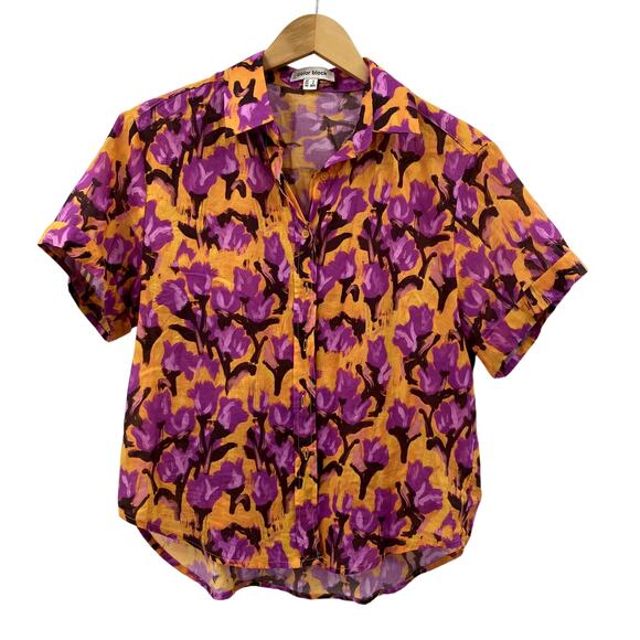 Color Block Orange Purple Floral Button Down - Picture 2 of 4